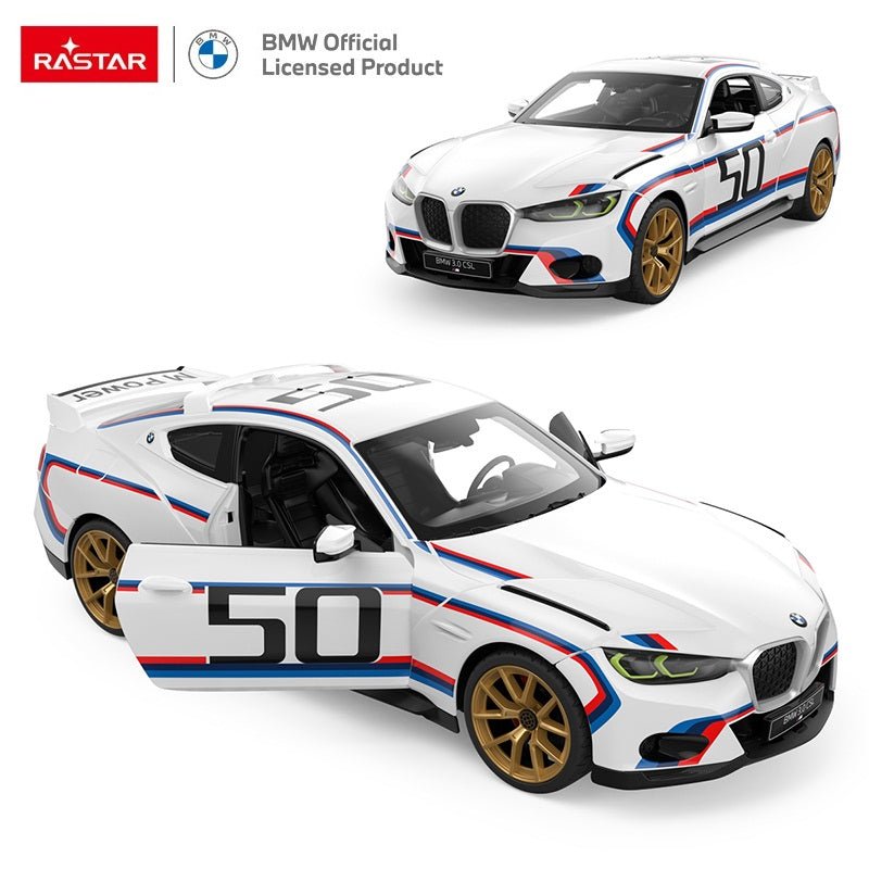 Rastar 1:14 BMW 3.0 CSL RC car in white M-Power livery shown in two side detail closeup views — front quarter highlighting the green-tinted headlight and gold alloy wheel, and rear quarter showing the taillight and gold wheel detail.