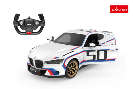 Rastar 1:14 BMW 3.0 CSL RC car in white M-Power race livery with number 50, shown from front 3/4 angle with driver's door open revealing the interior, alongside the BMW steering wheel-style remote controller.