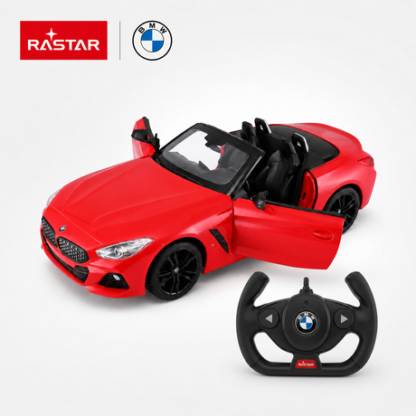 Rastar 1:14 BMW Z4 Roadster RC car in red shown from front 3/4 angle with door open alongside its BMW-branded steering wheel-style remote controller, on a white background.