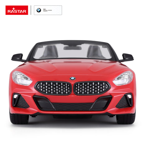 Rastar 1:14 BMW Z4 Roadster RC car in red shown front-on with the open convertible roof, prominent kidney grille, LED headlights, and BMW badge clearly visible on a white background.