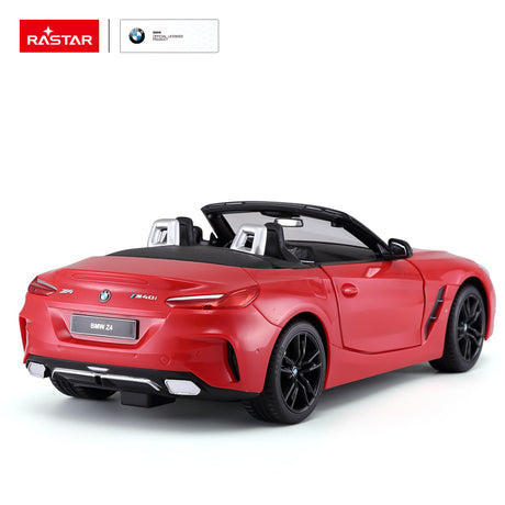 Rastar 1:14 BMW Z4 Roadster RC car in red shown from the rear 3/4 angle, highlighting the M40i and BMW Z4 badging, dual exhaust tips, LED taillights, and open convertible cabin.