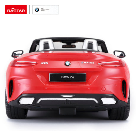 Rastar 1:14 BMW Z4 Roadster RC car in red shown directly from the rear, with BMW logo, Z4 and M40i badges, dual exhaust tips, and LED taillights clearly visible.