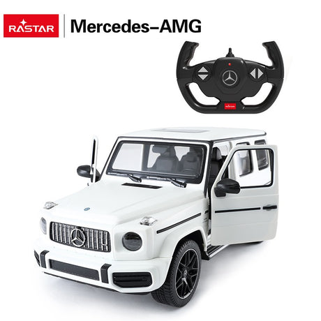 Rastar 1:14 Mercedes-AMG G63 RC car in white shown from front 3/4 angle with the front door open, displayed alongside its Mercedes three-pointed star steering wheel-style 2.4GHz remote controller.