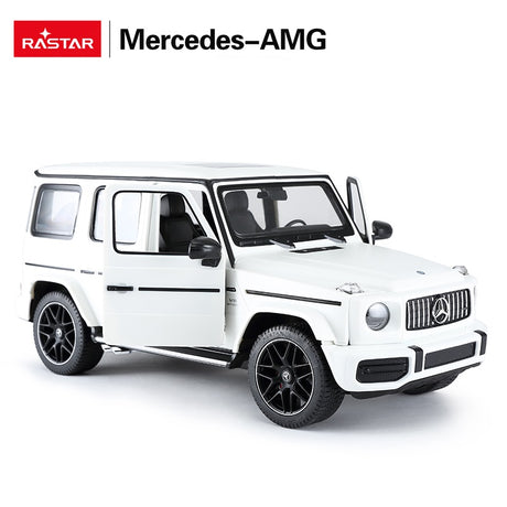 Rastar 1:14 Mercedes-AMG G63 RC car in white shown from front 3/4 angle with the driver's door open, showcasing the boxy G-Wagon SUV body, Panamericana grille with Mercedes star badge, and multi-spoke black alloy wheels.