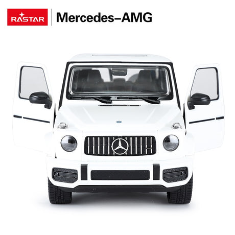 Rastar 1:14 Mercedes-AMG G63 RC car in white shown directly front-on with both doors open wide, revealing the Panamericana grille, round headlights, Mercedes-AMG badge, and interior details including seats and steering wheel.