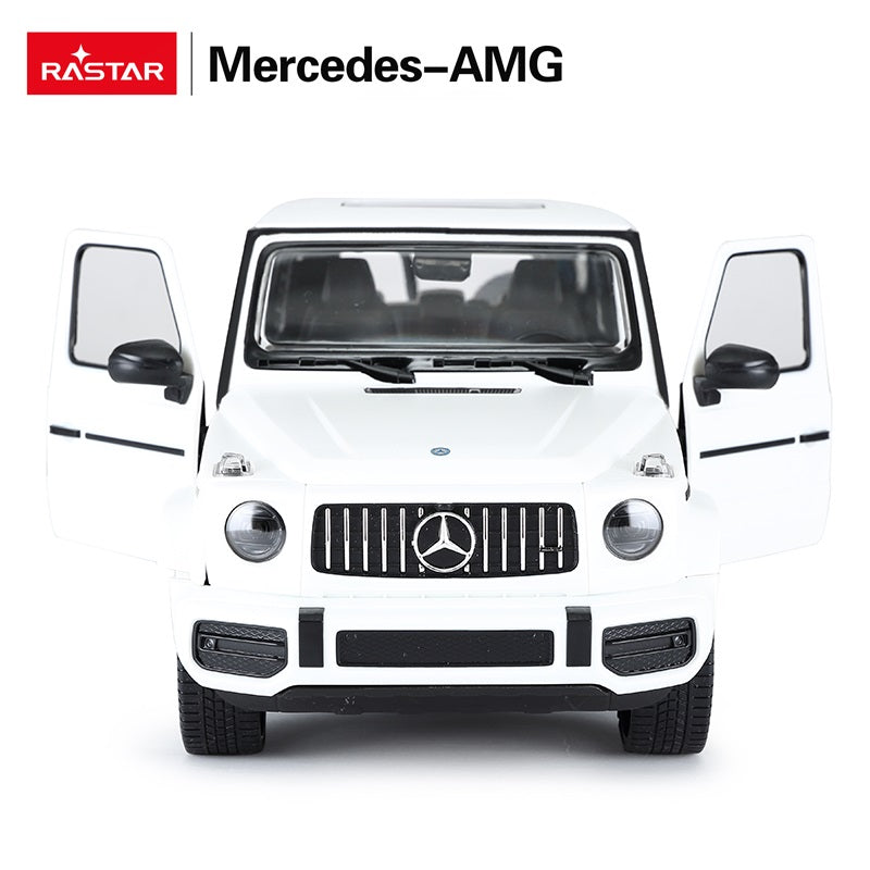 Rastar 1:14 Mercedes-AMG G63 RC car in white shown directly front-on with both doors open wide, revealing the Panamericana grille, round headlights, Mercedes-AMG badge, and interior details including seats and steering wheel.