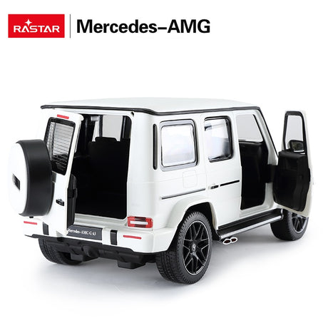 Rastar 1:14 Mercedes-AMG G63 RC car in white shown from the rear 3/4 angle with rear door open, displaying the rear-mounted spare wheel, LED taillights, Mercedes-AMG G 63 badge, and dual exhausts.