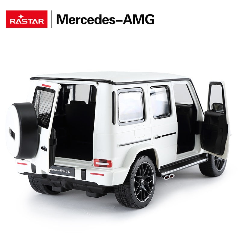 Rastar 1:14 Mercedes-AMG G63 RC car in white shown from the rear 3/4 angle with rear door open, displaying the rear-mounted spare wheel, LED taillights, Mercedes-AMG G 63 badge, and dual exhausts.
