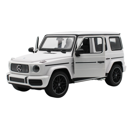 Rastar 1:14 Mercedes-AMG G63 RC car in white shown in a clean front 3/4 side view without doors open, highlighting the distinctive boxy G-Wagon SUV silhouette, Panamericana grille, and multi-spoke black wheels.