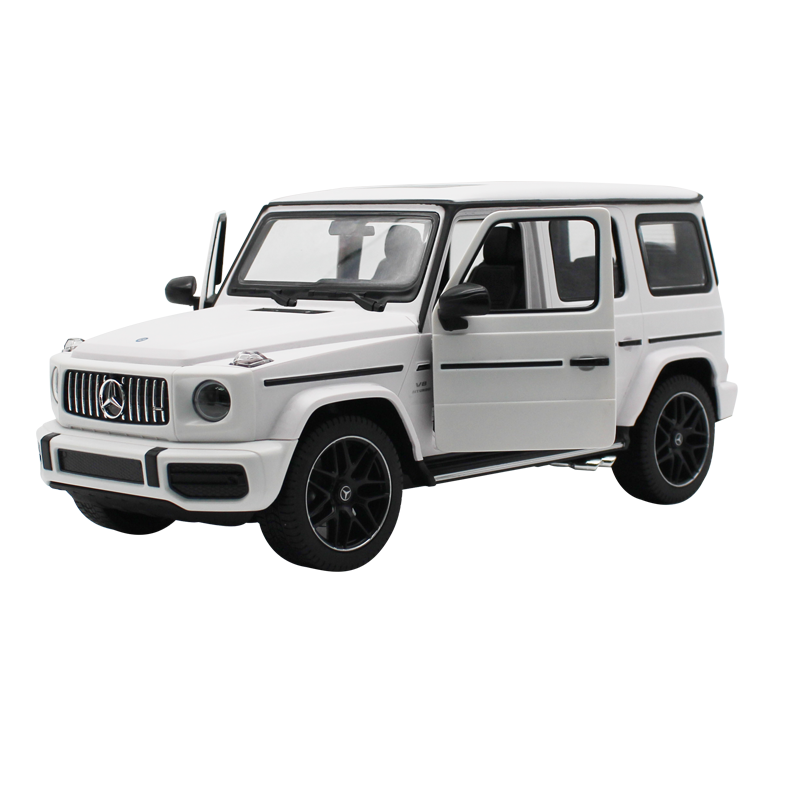 Rastar 1:14 Mercedes-AMG G63 RC car in white shown in a clean front 3/4 side view without doors open, highlighting the distinctive boxy G-Wagon SUV silhouette, Panamericana grille, and multi-spoke black wheels.