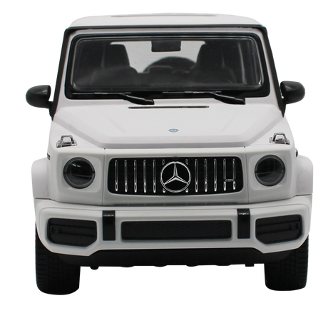 Rastar 1:14 Mercedes-AMG G63 RC car in white shown directly front-on as a clean product shot, with Panamericana vertical-bar grille, round headlights, Mercedes star badge, and wide boxy front fascia clearly visible.