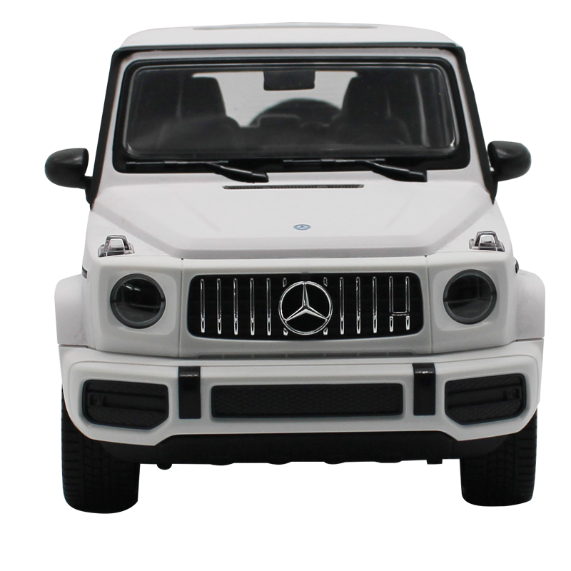 Rastar 1:14 Mercedes-AMG G63 RC car in white shown directly front-on as a clean product shot, with Panamericana vertical-bar grille, round headlights, Mercedes star badge, and wide boxy front fascia clearly visible.