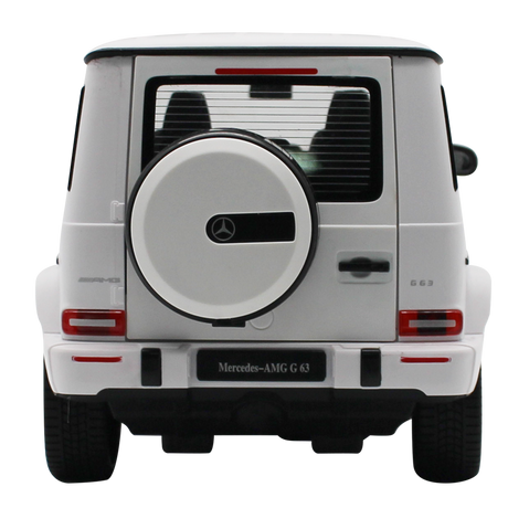 Rastar 1:14 Mercedes-AMG G63 RC car in white shown directly from the rear as a clean product shot, with rear-mounted spare wheel, Mercedes badge, LED taillights, G63 badging, and dual exhausts visible.