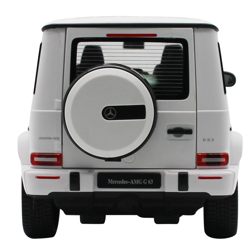 Rastar 1:14 Mercedes-AMG G63 RC car in white shown directly from the rear as a clean product shot, with rear-mounted spare wheel, Mercedes badge, LED taillights, G63 badging, and dual exhausts visible.