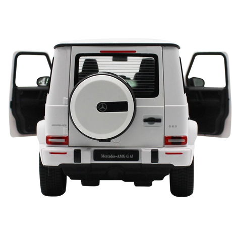 Rastar 1:14 Mercedes-AMG G63 RC car in white shown from the rear 3/4 angle as a clean product shot with rear door open, displaying the spare wheel, taillights, and open cargo door interior.