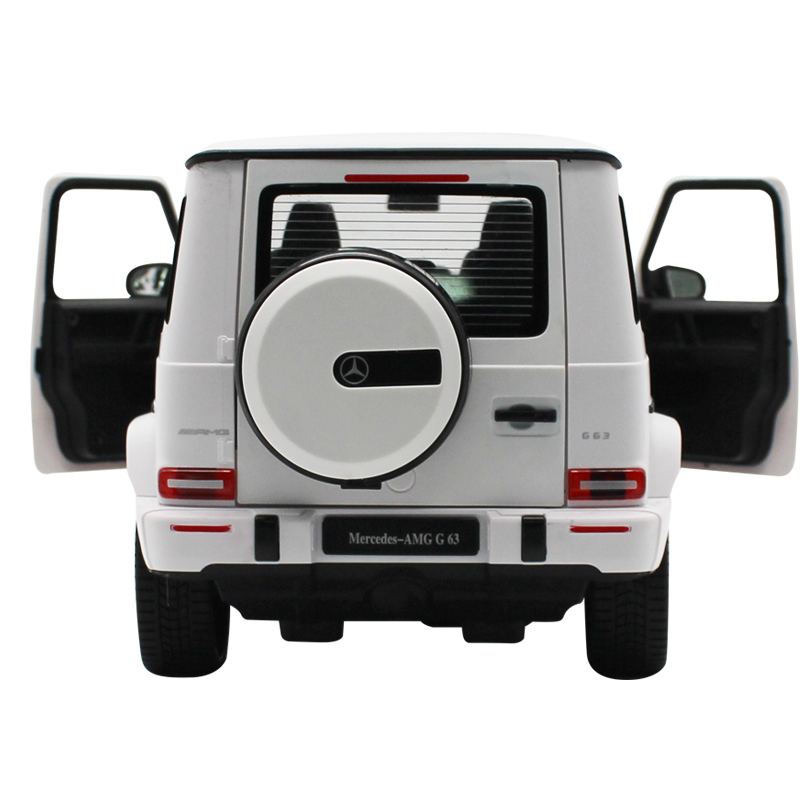 Rastar 1:14 Mercedes-AMG G63 RC car in white shown from the rear 3/4 angle as a clean product shot with rear door open, displaying the spare wheel, taillights, and open cargo door interior.
