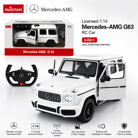 Retail packaging and product banner for the Rastar 1:14 Mercedes-AMG G63 RC car showing the white SUV beside its window box packaging and Mercedes steering wheel controller, with feature badges for officially licensed Mercedes-AMG, 1:14 scale, 2.4GHz full-function control, opening doors and rear tailgate, working LED headlights and taillights, and durable premium quality build.