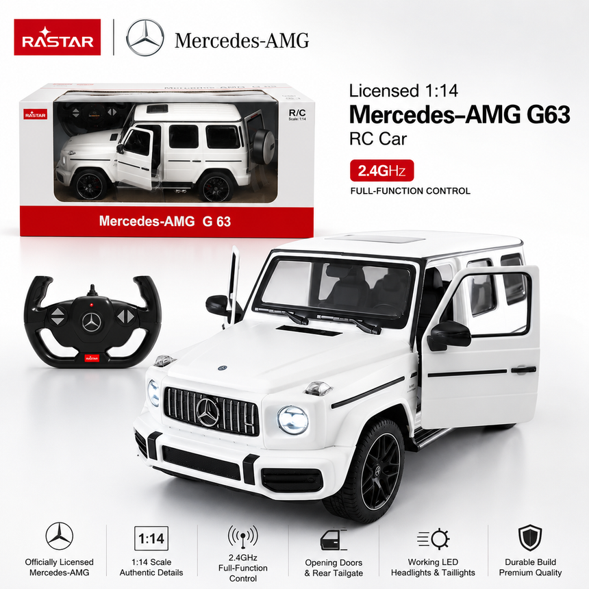 Retail packaging and product banner for the Rastar 1:14 Mercedes-AMG G63 RC car showing the white SUV beside its window box packaging and Mercedes steering wheel controller, with feature badges for officially licensed Mercedes-AMG, 1:14 scale, 2.4GHz full-function control, opening doors and rear tailgate, working LED headlights and taillights, and durable premium quality build.