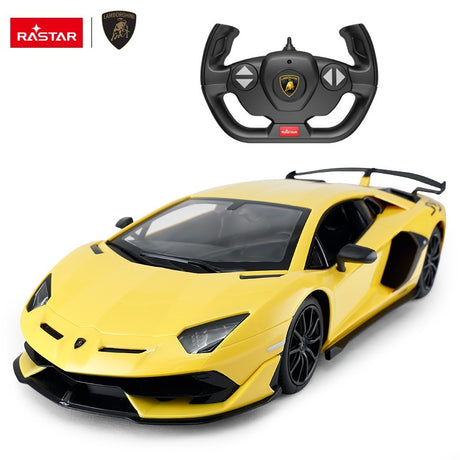 Rastar 1:14 Lamborghini Aventador SVJ RC car in yellow, displayed in front three-quarter view alongside its Lamborghini-branded steering wheel controller on a white background.