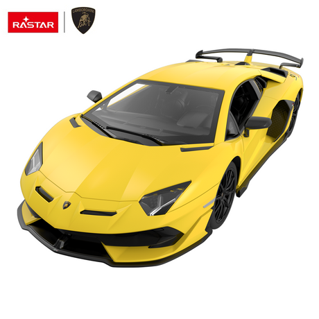 Rastar 1:14 Lamborghini Aventador SVJ RC car in yellow, overhead front three-quarter view on a clean white background, showing the large rear spoiler and detailed carbon-accent body styling.