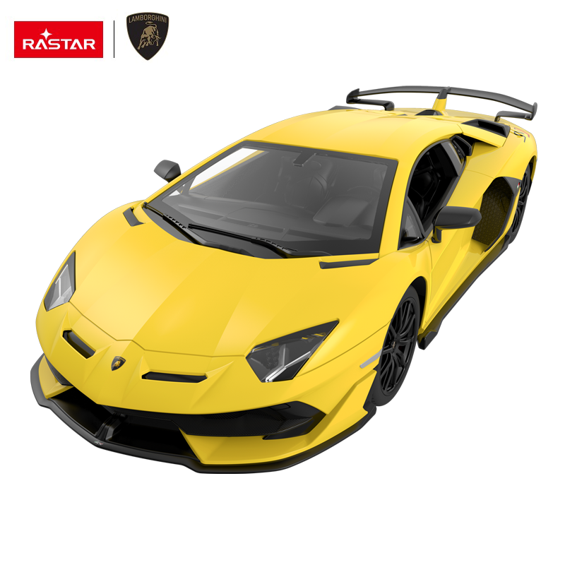 Rastar 1:14 Lamborghini Aventador SVJ RC car in yellow, overhead front three-quarter view on a clean white background, showing the large rear spoiler and detailed carbon-accent body styling.