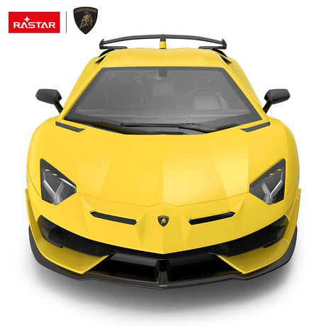 Rastar 1:14 Lamborghini Aventador SVJ RC car in yellow, straight front-on view showing the angular headlights, prominent front splitter, and Lamborghini bull badge on a white background.