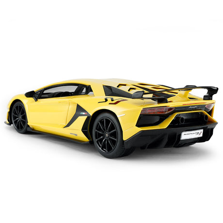 Rastar 1:14 Lamborghini Aventador SVJ RC car in yellow, rear three-quarter view on a white background, showing the large rear wing, "Aventador SVJ" badge, twin exhausts, and Italian flag detail on the door.