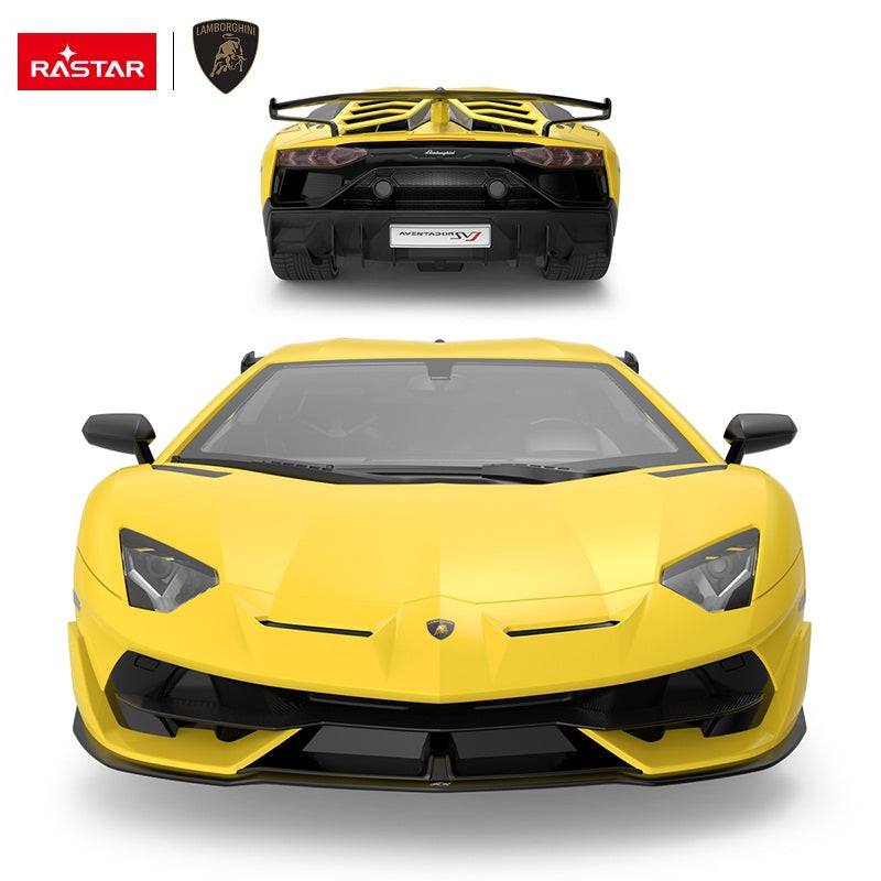 Rastar 1:14 Lamborghini Aventador SVJ RC car in yellow, composite image of front-on and rear views showing the headlights, rear wing, and tail lights in detail.