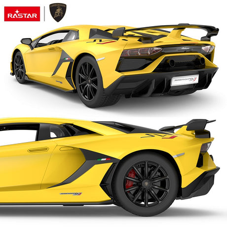 Rastar 1:14 Lamborghini Aventador SVJ RC car in yellow, composite image showing a rear three-quarter view and a close-up detail of the rear quarter panel with the Aventador SVJ badge, Italian flag decal, and red brake caliper.