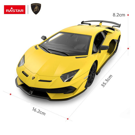 Rastar 1:14 Lamborghini Aventador SVJ RC car in yellow, front three-quarter overhead view with annotated dimensions: 35.3 cm length, 16.2 cm width, and 8.2 cm height.