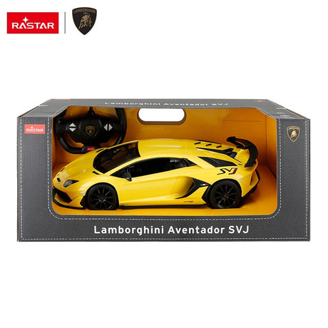 Rastar 1:14 Lamborghini Aventador SVJ RC car in yellow, shown in its retail packaging box with "Lamborghini Aventador SVJ" printed on the front, alongside the steering wheel controller visible inside the open-window box.