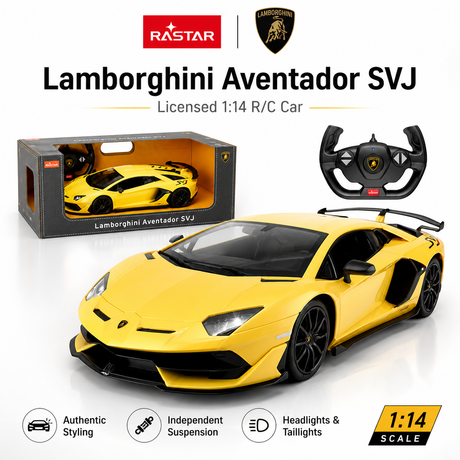 Rastar 1:14 Lamborghini Aventador SVJ RC car product thumbnail showing the yellow car and steering wheel controller, with key features listed: authentic styling, independent suspension, and headlights and taillights, at 1:14 scale.