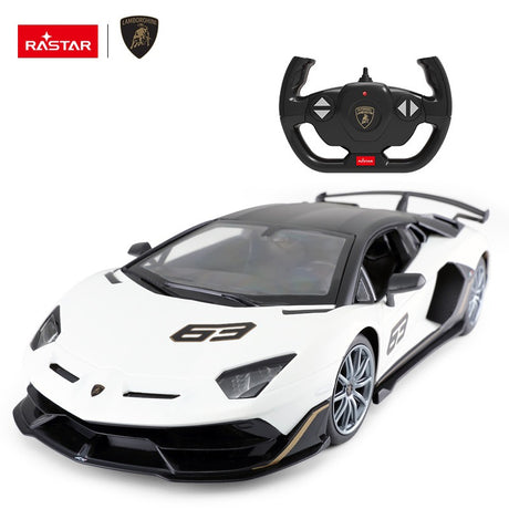 Rastar 1:14 Lamborghini Aventador SVJ 63 Performance Edition RC car in white with black roof and gold accents, shown in front three-quarter view alongside its Lamborghini-branded steering wheel remote controller on a white background.