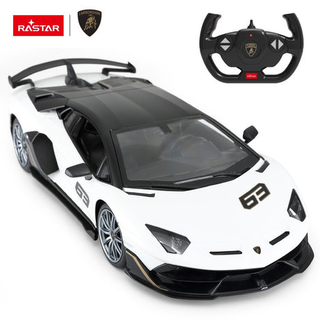 Rastar 1:14 Lamborghini Aventador SVJ 63 Performance Edition RC car in white with black carbon roof and gold trim, overhead front three-quarter view with the steering wheel controller, showing the race number "63" livery and large rear wing.