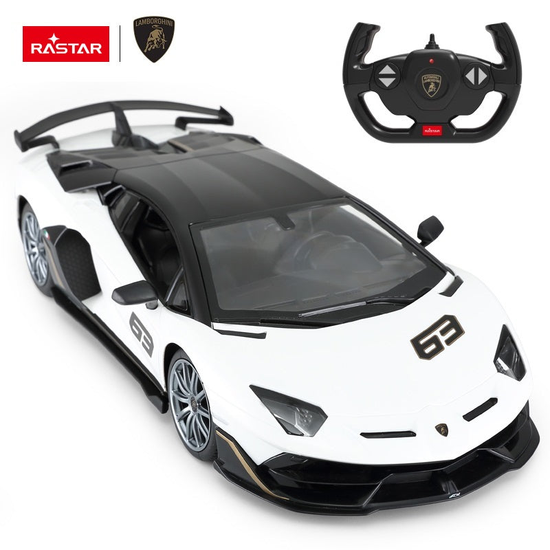 Rastar 1:14 Lamborghini Aventador SVJ 63 Performance Edition RC car in white with black carbon roof and gold trim, overhead front three-quarter view with the steering wheel controller, showing the race number "63" livery and large rear wing.
