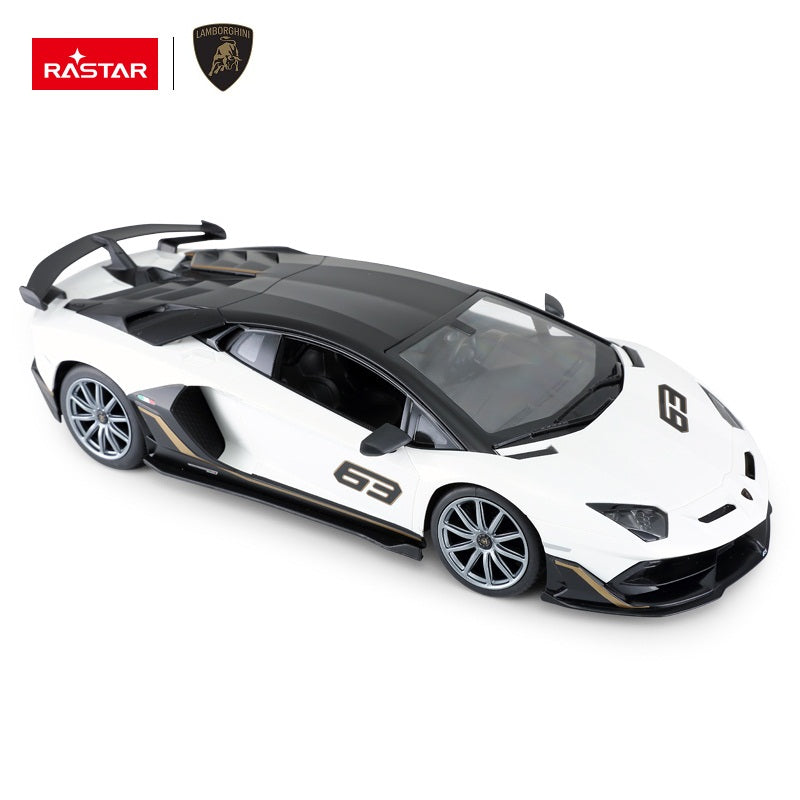 Rastar 1:14 Lamborghini Aventador SVJ 63 Performance Edition RC car in white with black carbon roof, overhead rear three-quarter view showing the large rear wing, "63" race number, and gold accent details.