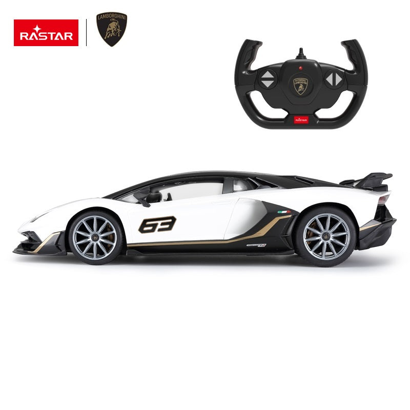 Rastar 1:14 Lamborghini Aventador SVJ 63 Performance Edition RC car in white with black and gold race livery, side profile view alongside the steering wheel controller, showing the "63" door number and Italian flag decal.