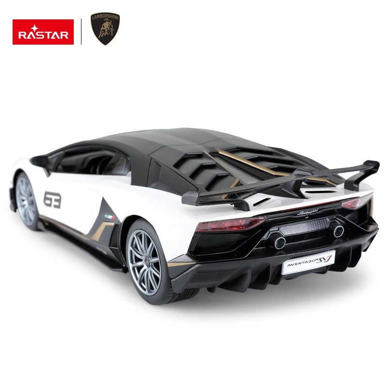 Rastar 1:14 Lamborghini Aventador SVJ 63 Performance Edition RC car in white, rear three-quarter view showing the carbon-effect black roof, large rear spoiler, Aventador SVJ badge, twin exhaust tips, and gold trim detail.