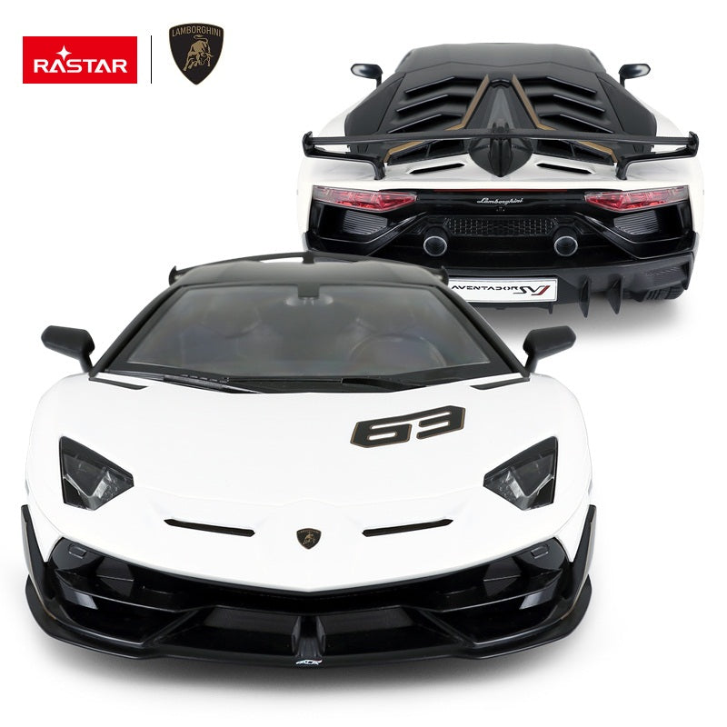 Rastar 1:14 Lamborghini Aventador SVJ 63 Performance Edition RC car in white, composite image showing a direct front view and rear view, highlighting the "63" race number on the bonnet, angular headlights, rear wing, and tail lights.
