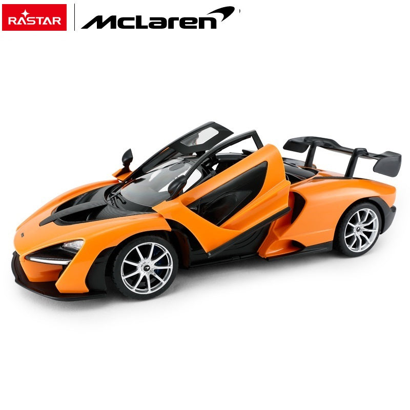 Rastar 1:14 McLaren Senna RC car in orange, front three-quarter view with scissor doors open, showing the distinctive McLaren Senna bodywork, large rear wing, and door-open feature on a white background.