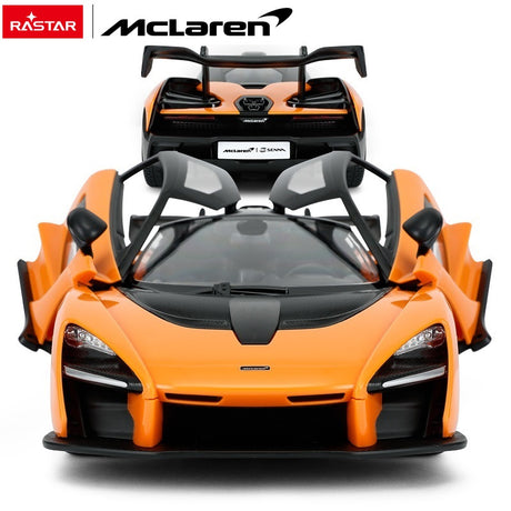 Rastar 1:14 McLaren Senna RC car in orange, composite image showing a direct front view with doors open and a rear view, highlighting the McLaren Senna rear badge, large wing, and tail light cluster.