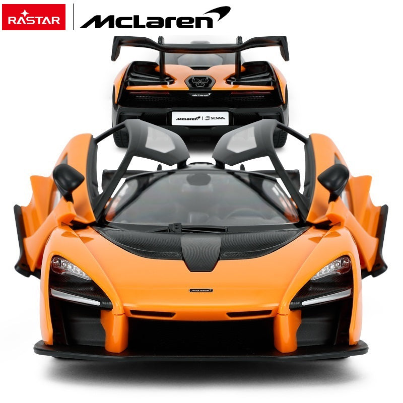 Rastar 1:14 McLaren Senna RC car in orange, composite image showing a direct front view with doors open and a rear view, highlighting the McLaren Senna rear badge, large wing, and tail light cluster.