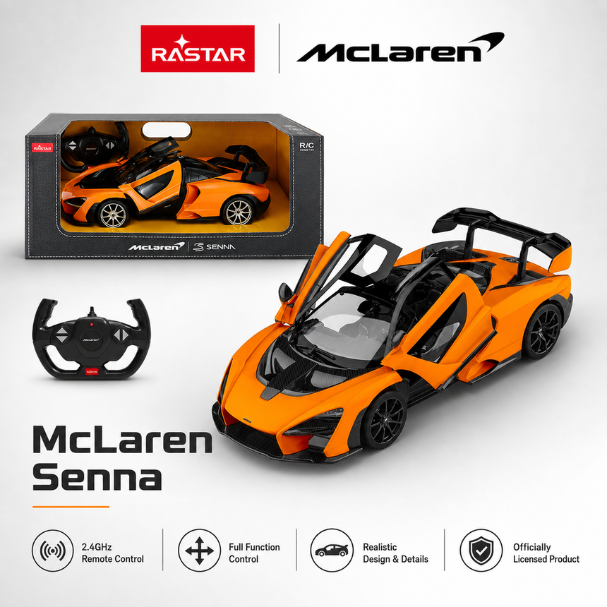 Rastar 1:14 McLaren Senna RC car product feature tile in orange showing the car and controller, with icons highlighting 2.4 GHz remote control, full function control, realistic design, and officially licensed product status.