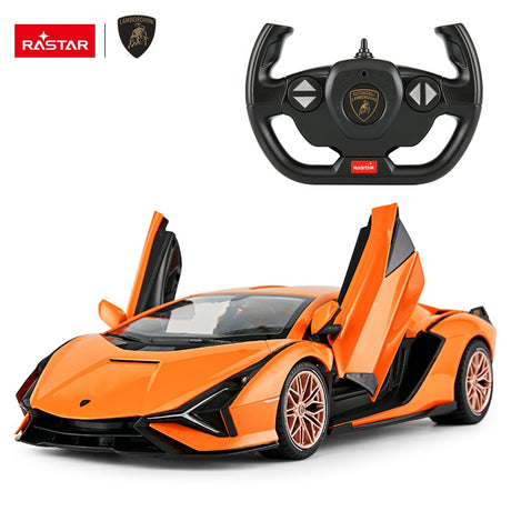 Rastar 1:14 Lamborghini Sian FKP 37 RC car in orange, front three-quarter view with both scissor doors open, displayed alongside its Lamborghini-branded steering wheel remote controller on a white background.
