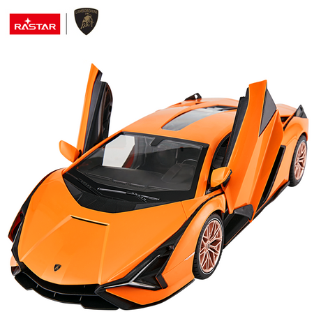 Rastar 1:14 Lamborghini Sian FKP 37 RC car in orange, compact overhead view with both scissor doors open, showing the distinctive Sian bodywork and carbon-effect black panels on a white background.