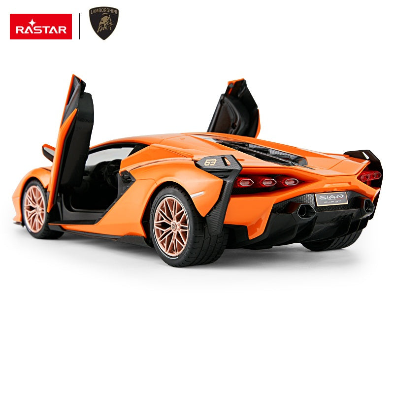 Rastar 1:14 Lamborghini Sian FKP 37 RC car in orange, rear three-quarter view with both scissor doors open, showing the "Sian FKP 37" rear badge, distinctive hexagonal tail lights, large diffuser, and rose-gold multi-spoke alloy wheels.