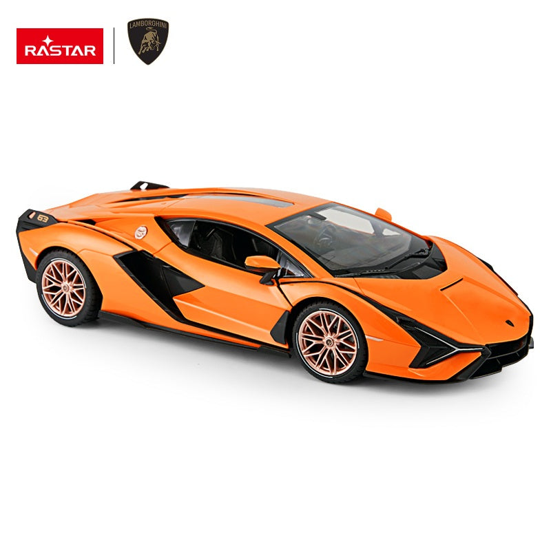 Rastar 1:14 Lamborghini Sian FKP 37 RC car in orange, side profile view with doors closed showing the sleek low-slung body, carbon-style black accents, rose-gold alloy wheels, and "63" emblem badge.