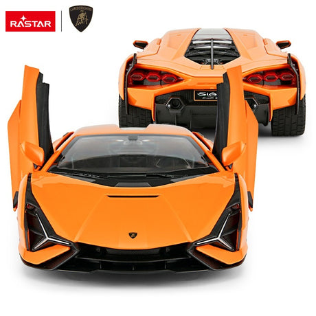 Rastar 1:14 Lamborghini Sian FKP 37 RC car in orange, composite image showing a front-on view with scissor doors open and a rear view, displaying the angular headlights with LED accents, hexagonal tail lights, and "Sian FKP 37" rear badge.