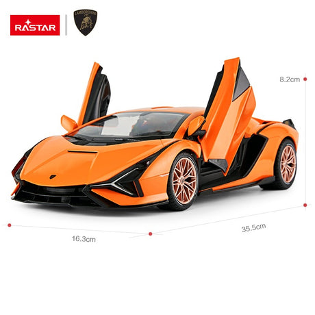 Rastar 1:14 Lamborghini Sian FKP 37 RC car in orange, front three-quarter overhead view with both scissor doors open and annotated dimensions: 35.5 cm length, 16.3 cm width, and 8.2 cm height.