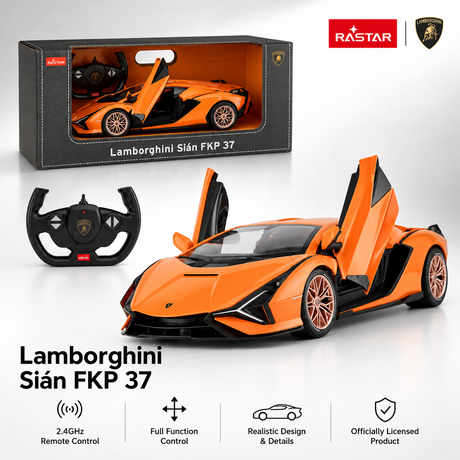 Rastar 1:14 Lamborghini Sian FKP 37 RC car product feature tile showing the orange car alongside its retail packaging box and steering wheel controller, with icons for 2.4 GHz remote control, full function control, realistic design, and official Lamborghini licensing.